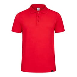 A red Dekrom polo shirt with a collar and three buttons, featuring a small logo on the side.