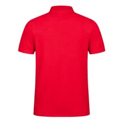 A red Dekrom polo shirt featuring a collar and short sleeves, with a logo on the back.