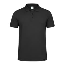 A black polo shirt featuring a collar, three buttons, and a logo at the hem.