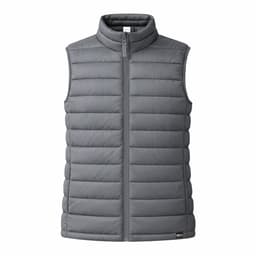 A grey padded vest with a high collar and a front zip, featuring a small logo on the bottom.