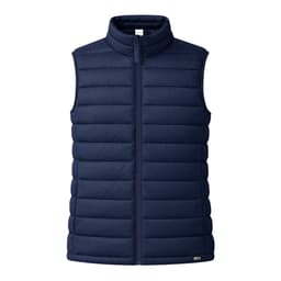 A navy puffer vest with a high collar and a full front zip, featuring a small logo on the hem.