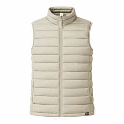 A light beige vest with a zip front, featuring a quilted design and a branding logo at the bottom.