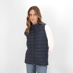 A navy vest with vertical padding and a zip front, featuring a high collar and a branding logo.