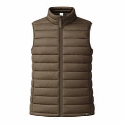 A brown puffer vest with a zippered front and high collar, featuring a small logo at the bottom.