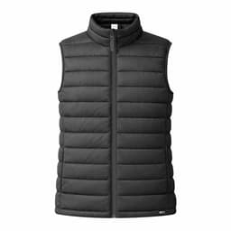 A black puffer vest with a high collar and zip-up front. It features a logo on the lower edge.