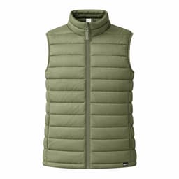 A green padded vest with a high collar and a zip front, featuring a small logo on the bottom.