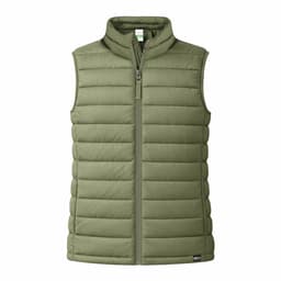 A green padded vest with a high collar and front zipper, featuring a small logo on the hem.