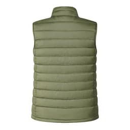 A green puffy vest with a high collar, featuring a logo on the back.