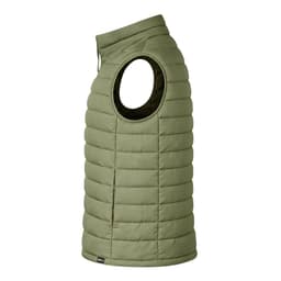 An olive-green puffer vest with a high collar and armholes, featuring a branding label on the bottom.