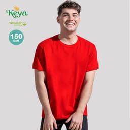 A red organic cotton adult T-shirt with a round neck and short sleeves, featuring a branding logo.