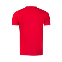 A red adult T-shirt with a round neckline and short sleeves, featuring a logo on the back.