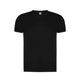 A black organic adult T-shirt with a classic crew neck and short sleeves, featuring a logo on the label.