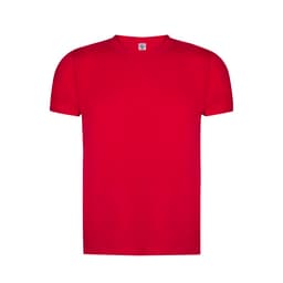 A red organic adult T-shirt with a round neck and short sleeves, featuring a logo on the label.