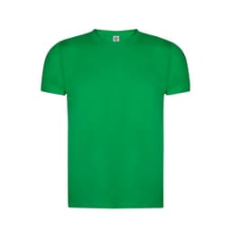 A green organic adult t-shirt with a standard crew neck and short sleeves, featuring a logo.