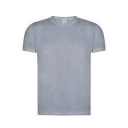 A grey organic cotton adult T-shirt with short sleeves and a simple design. It has a branded logo.