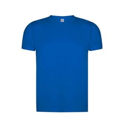 A blue organic adult T-shirt with a crew neckline and short sleeves. It features a logo on the label.