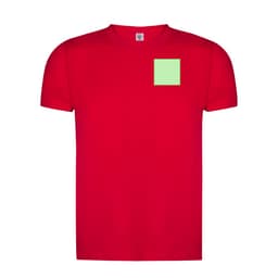 A red adult T-shirt featuring a square patch in a mint green colour. The shirt has a logo on the chest area.