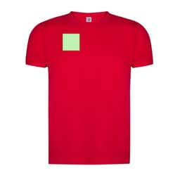 A red adult T-shirt featuring a green square patch. The shirt has a logo on the label.