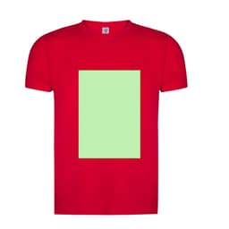 A red adult T-shirt with a green rectangular blank area in the centre and a logo on the tag.