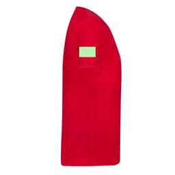 A red organic adult T-shirt featuring a green patch on the sleeve and a simple, classic design.