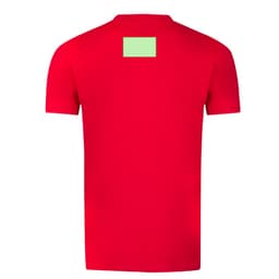 A red adult T-shirt with a blank green patch on the back and a logo on the lower back.