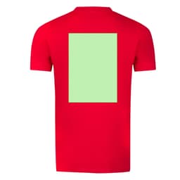 A red adult T-shirt featuring a blank green panel on the back. The shirt has a logo on it.