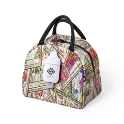 A patterned pouch with a handle and a hand sanitiser attached, featuring a colourful design and a logo.