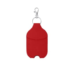 A red pouch with a keyring attachment, designed for holding hand sanitiser. Features simple stitching and a smooth finish.