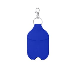 A blue hand sanitiser pouch with a clip and a simple design. It features a logo on the front.