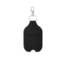 A black pouch with a keyring attachment, featuring a stitched design and an open pocket for holding hand sanitiser.