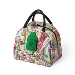 A patterned pouch in multiple colours featuring a green hand sanitiser attachment and dual black handles.