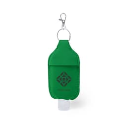 A green pouch with a keychain clip, holding a hand sanitiser bottle, featuring a logo on the front.