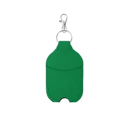 A green pouch with a clip, designed for holding hand sanitiser. It features a pocket for easy access and has a branding logo.