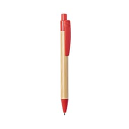 A wooden pen with a red plastic clip and tip, featuring a logo on its side.