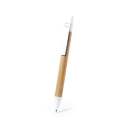 A wooden pen with a bamboo body and white plastic accents, featuring a logo on the clip.