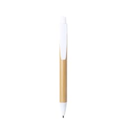A wooden pen with a bamboo barrel and white accents, featuring a clip and a black ink tip. It has a logo on the side.