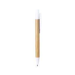 A wooden pen featuring a natural finish and a white plastic clip and tip. It has a logo on the barrel.