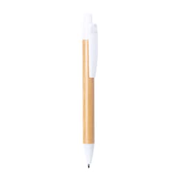 A wooden pen with a bamboo body and a white plastic cap and clip, featuring a logo on the cap.