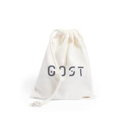 A natural-coloured drawstring bag with a logo. The bag is made of fabric and features a simple design.