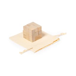 A wooden puzzle game in a natural colour, resting on a beige fabric pouch. It features interlocking pieces.