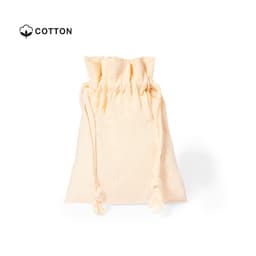 A beige cotton drawstring bag with a gathered top and two tied cords.