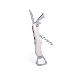 A drink bottle opener with a corkscrew and knife, featuring a white handle and stainless steel elements.