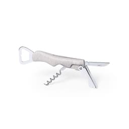 A drink bottle opener in silver with a corkscrew, knife, and integrated bottle opener, featuring a textured handle.
