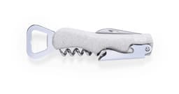 A drink bottle opener featuring a grey corkscrew handle and silver metal components, complete with a logo.