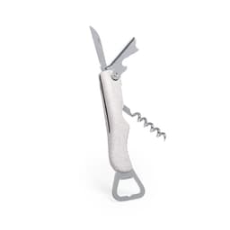 A drink bottle opener with a silver metal finish and a light-coloured handle, featuring multiple tools including a knife and corkscrew.