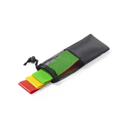A mesh pouch containing three exercise bands in red, yellow, and green. The pouch is black.