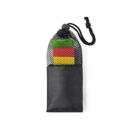 A set of coloured exercise bands in a black mesh pouch, featuring green, red, yellow, and black colours.