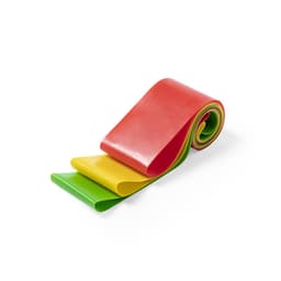 A set of exercise bands in red, yellow, and green rolled together, ideal for various fitness activities.