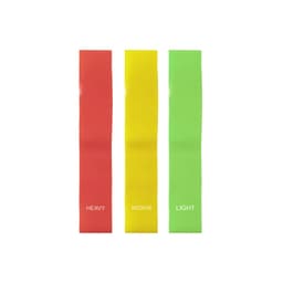Three exercise bands in red, yellow, and green, labelled as "Heavy," "Medium," and "Light," with a logo.