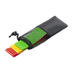 A set of exercise bands in red, yellow, and green, stored in a black mesh pouch.